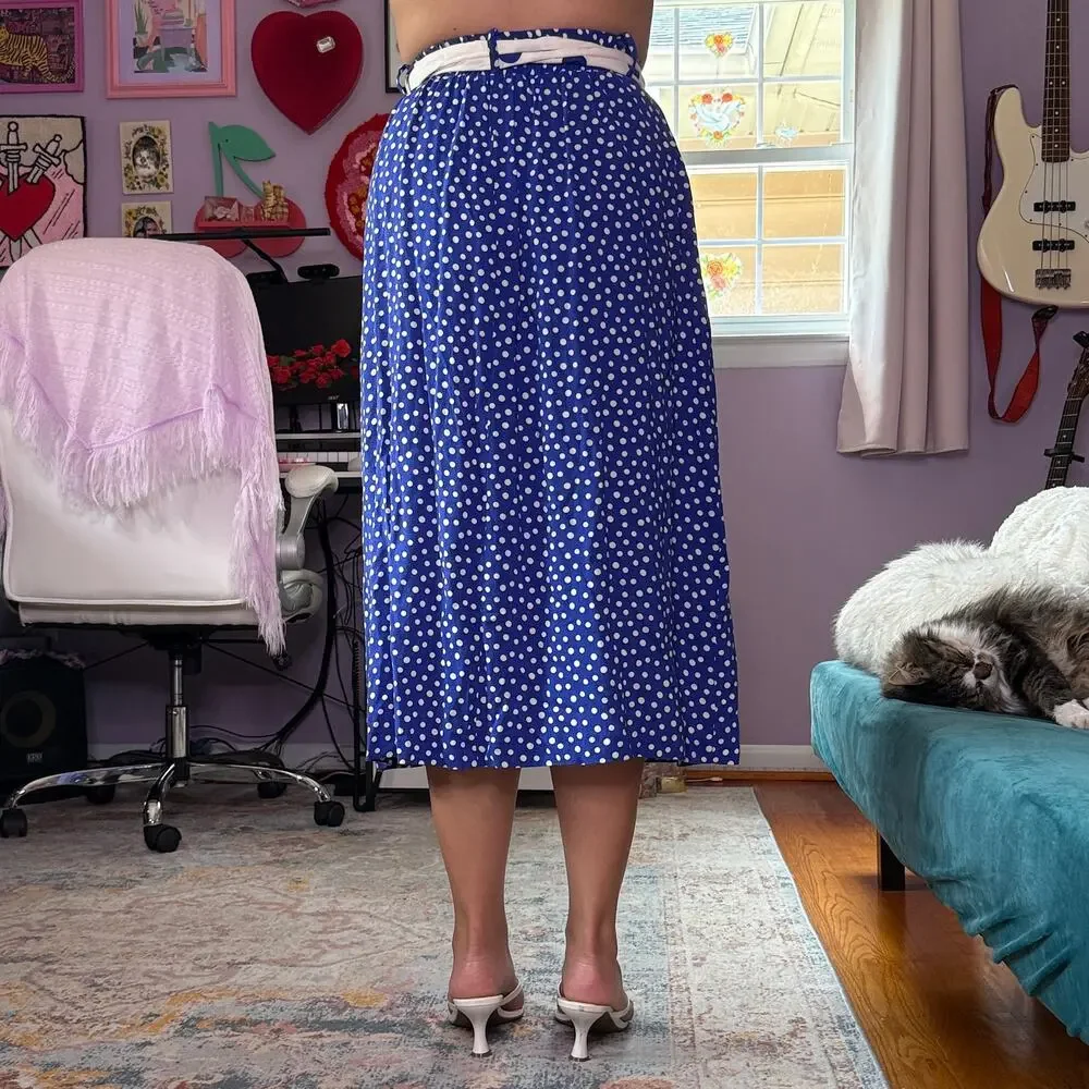 Vintage 80s blue and white retro polka dot midi skirt
